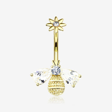 Golden Flower Sparkle Honey Bee Internally Threaded Belly Button Ring-Clear Gem